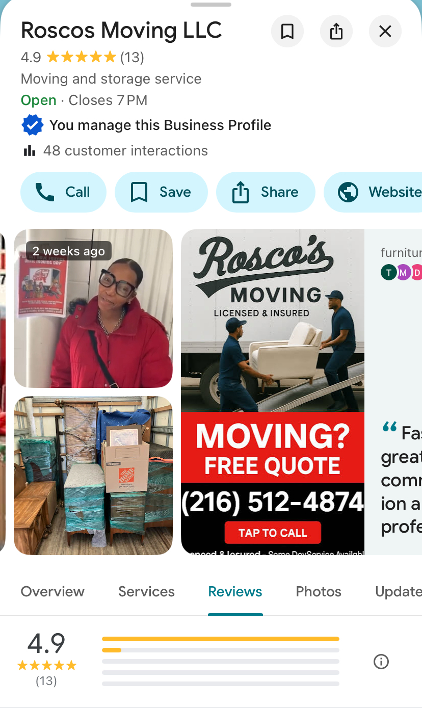 5 Star Google Review Rating for Roscos Moving LLC